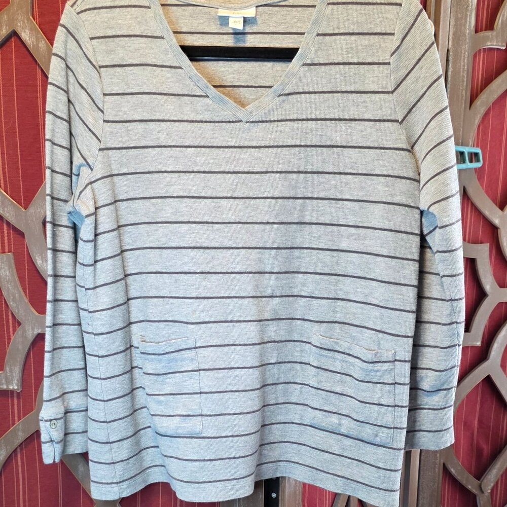 J. Jill Ribbed Cotton Long-sleeve V neck Tee with front pockets